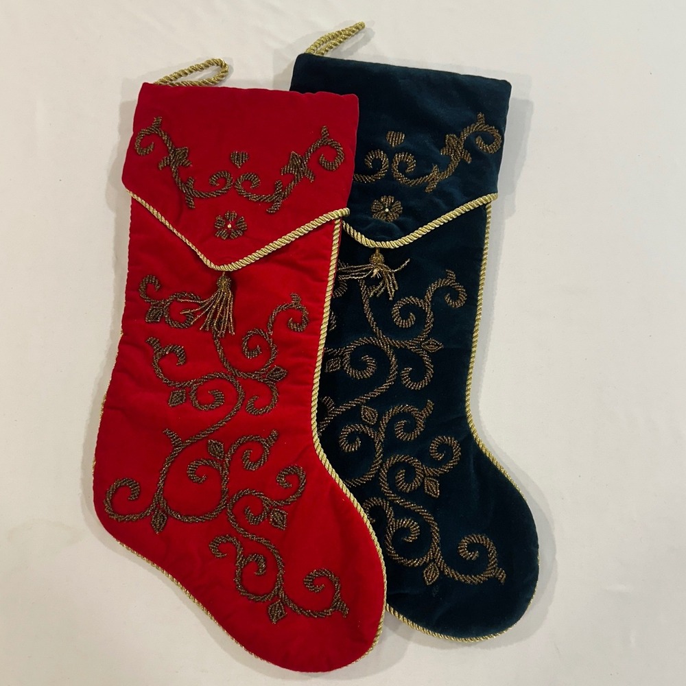 Prima Creations Christmas Stockings Set 2 Velvet Gold Beaded Red Green 17.5"